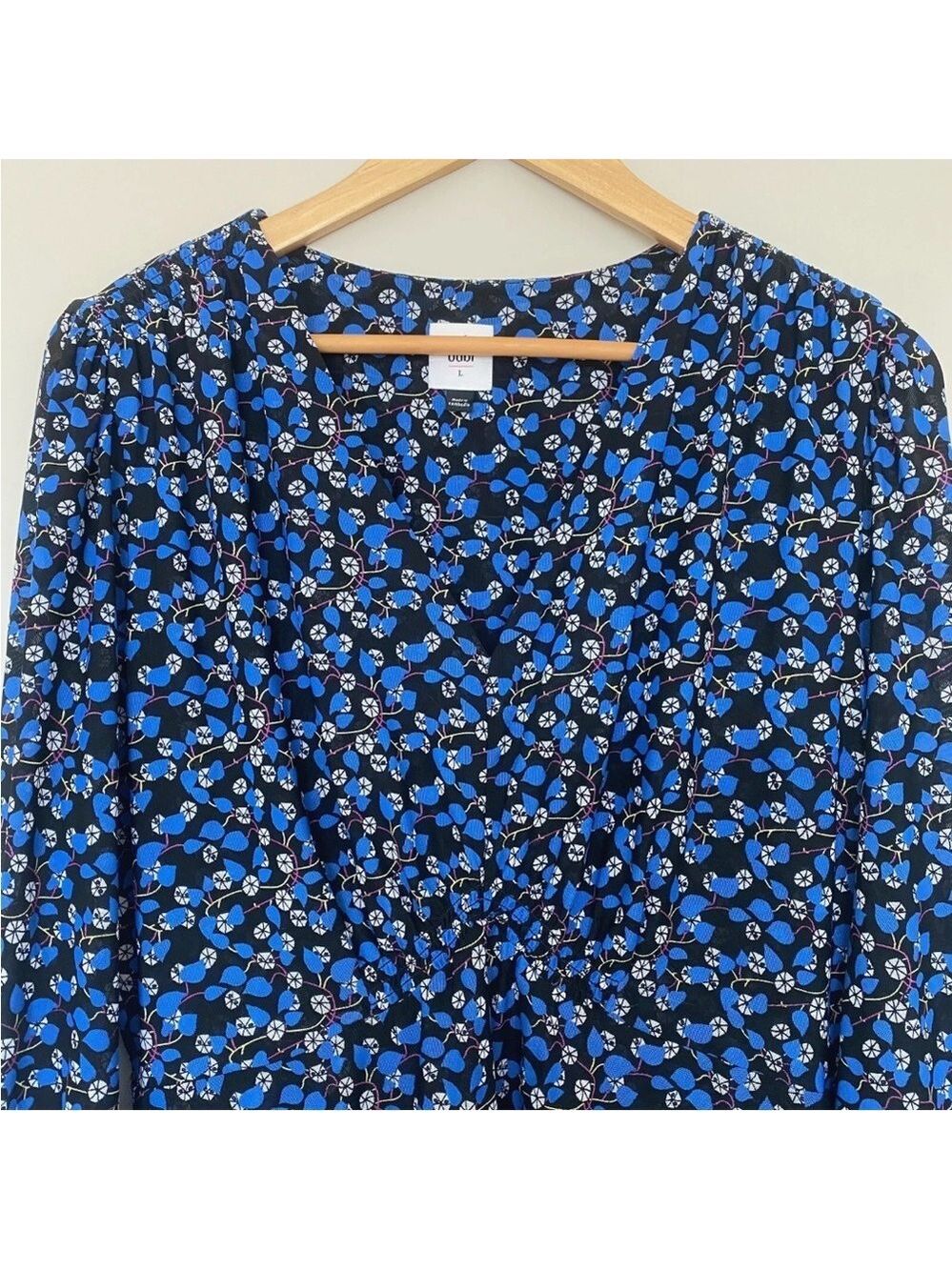 CAbi The Ten Dress Womens Large V-Neck Blue Floral Long Sleeve Lined #5772 - Picture 4 of 10